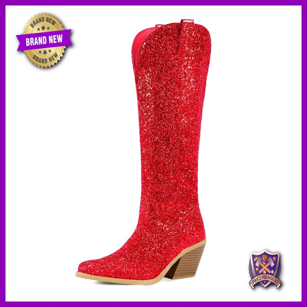 Sparkly Knee High Boots Chunky Heel Glitter Sequin Western Cowgirl Dress Party